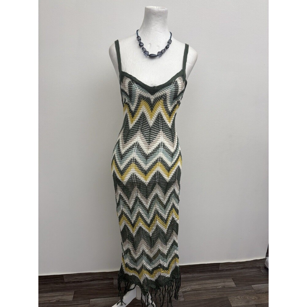 Almost Famous Crochet Maxi Dress Chevron Knit Fringe Boho Cover Up Size 1X sheer